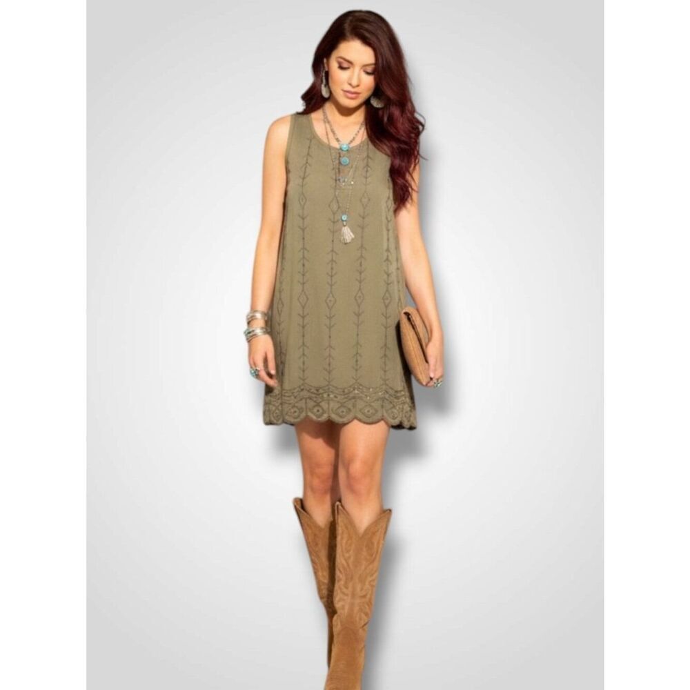 Olive Green Sequin Beaded Mini Dress - Embroidered Boho - M